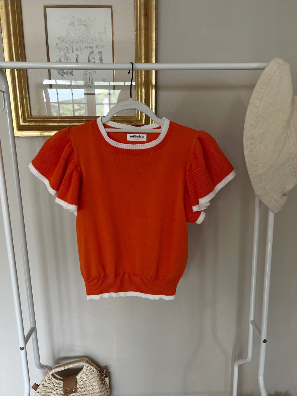 mittoshop Orange Knit Top with White Trim and Ruffle Sleeves